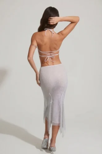 Jordana Embellished Handkerchief Hem Midaxi Skirt in Silver