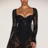 Jovie Sheer Embellished Bodysuit Corset Mini Dress in Black
