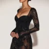 Jovie Sheer Embellished Bodysuit Corset Mini Dress in Black