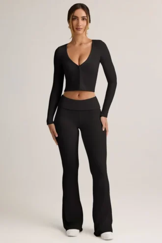 Jules Modal Ribbed Foldover Flared Trousers in Black