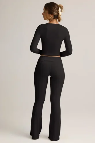 Jules Modal Ribbed Foldover Flared Trousers in Black