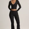 Jules Modal Ribbed Foldover Flared Trousers in Black