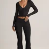 Jules Modal Ribbed Foldover Flared Trousers in Black