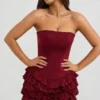 Juliet Bandeau Ruffled Tiered Corset Mini Dress in Berry Red