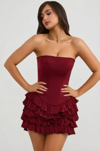 Juliet Bandeau Ruffled Tiered Corset Mini Dress in Berry Red