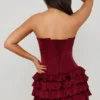Juliet Bandeau Ruffled Tiered Corset Mini Dress in Berry Red