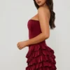 Juliet Bandeau Ruffled Tiered Corset Mini Dress in Berry Red