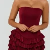 Juliet Bandeau Ruffled Tiered Corset Mini Dress in Berry Red