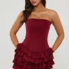 Juliet Bandeau Ruffled Tiered Corset Mini Dress in Berry Red