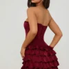 Juliet Bandeau Ruffled Tiered Corset Mini Dress in Berry Red