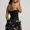 Juliet Strapless Ruffled Tiered Corset Mini Dress in Black Floral Print