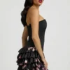 Juliet Strapless Ruffled Tiered Corset Mini Dress in Black Floral Print