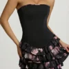 Juliet Strapless Ruffled Tiered Corset Mini Dress in Black Floral Print