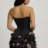 Juliet Strapless Ruffled Tiered Corset Mini Dress in Black Floral Print