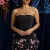Juliet Strapless Ruffled Tiered Corset Mini Dress in Black Floral Print