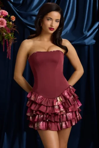 Juliet Strapless Ruffled Tiered Corset Mini Dress in Maroon Floral Print