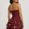 Juliet Strapless Ruffled Tiered Corset Mini Dress in Maroon Floral Print