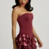 Juliet Strapless Ruffled Tiered Corset Mini Dress in Maroon Floral Print