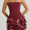 Juliet Strapless Ruffled Tiered Corset Mini Dress in Maroon Floral Print