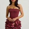 Juliet Strapless Ruffled Tiered Corset Mini Dress in Maroon Floral Print