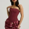 Juliet Strapless Ruffled Tiered Corset Mini Dress in Maroon Floral Print