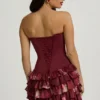 Juliet Strapless Ruffled Tiered Corset Mini Dress in Maroon Floral Print