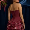 Juliet Strapless Ruffled Tiered Corset Mini Dress in Maroon Floral Print