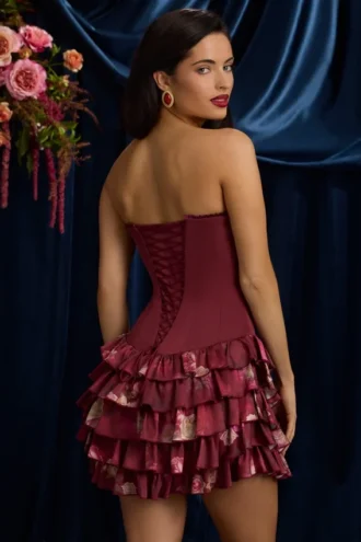 Juliet Strapless Ruffled Tiered Corset Mini Dress in Maroon Floral Print