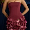 Juliet Strapless Ruffled Tiered Corset Mini Dress in Maroon Floral Print