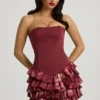 Juliet Strapless Ruffled Tiered Corset Mini Dress in Maroon Floral Print