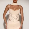 Junelle Embellished Lace-Up Corset Top With Scarf in Gold