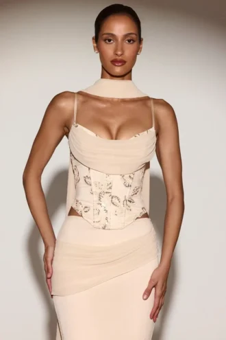 Junelle Embellished Lace-Up Corset Top With Scarf in Gold