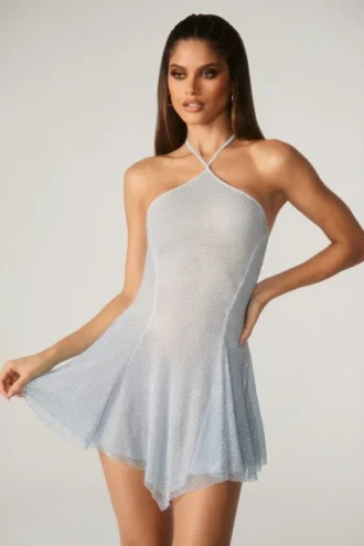 Juni Embellished Lace Up Back Mini Dress in Aqua