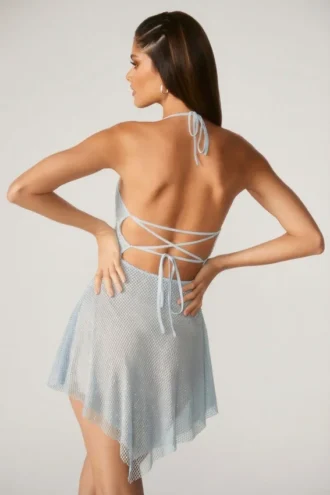 Juni Embellished Lace Up Back Mini Dress in Aqua