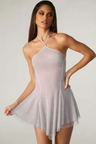 Juni Embellished Lace Up Back Mini Dress in Silver