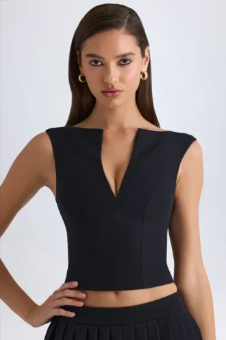 Kadie V-Neck Structured Crop Top in Black