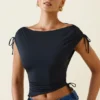 Kaede Asymmetric Ruched Cowl-Back Crop Top in Black Kaede Asymmetric Ruched Cowl-Back Crop Top in Black