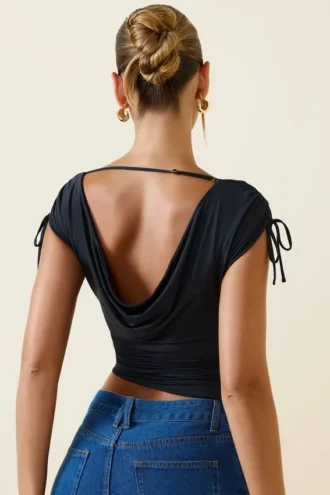 Kaede Asymmetric Ruched Cowl-Back Crop Top in Black