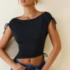 Kaede Asymmetric Ruched Cowl-Back Crop Top in Black Kaede Asymmetric Ruched Cowl-Back Crop Top in Black