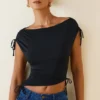 Kaede Asymmetric Ruched Cowl-Back Crop Top in Black Kaede Asymmetric Ruched Cowl-Back Crop Top in Black
