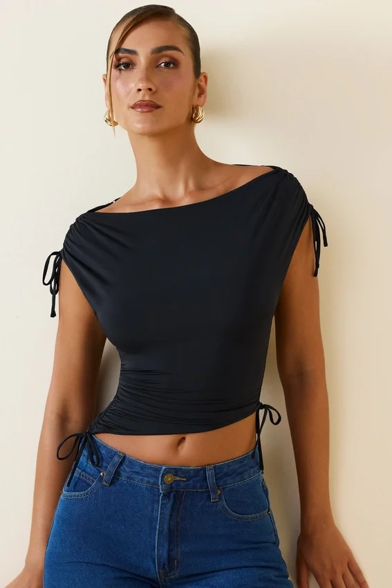 Kaede Asymmetric Ruched Cowl-Back Crop Top in Black Kaede Asymmetric Ruched Cowl-Back Crop Top in Black