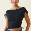 Kaede Asymmetric Ruched Cowl-Back Crop Top in Black Kaede Asymmetric Ruched Cowl-Back Crop Top in Black