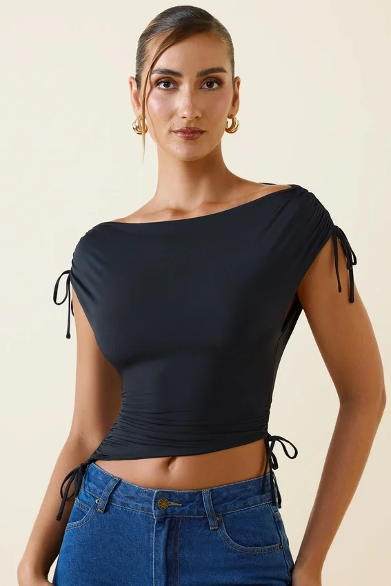 Kaede Asymmetric Ruched Cowl-Back Crop Top in Black Kaede Asymmetric Ruched Cowl-Back Crop Top in Black