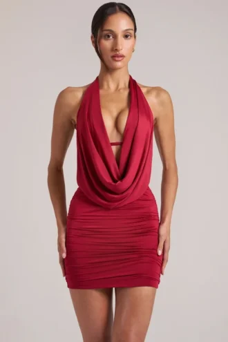 Kael Draped Cowl Mini Dress in Cherry Red