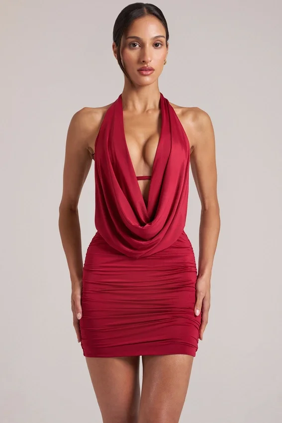Kael Draped Cowl Mini Dress in Cherry Red Kael Draped Cowl Mini Dress in Cherry Red