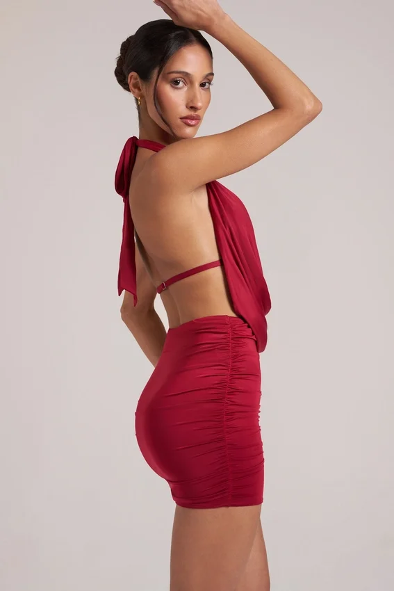 Kael Draped Cowl Mini Dress in Cherry Red Kael Draped Cowl Mini Dress in Cherry Red