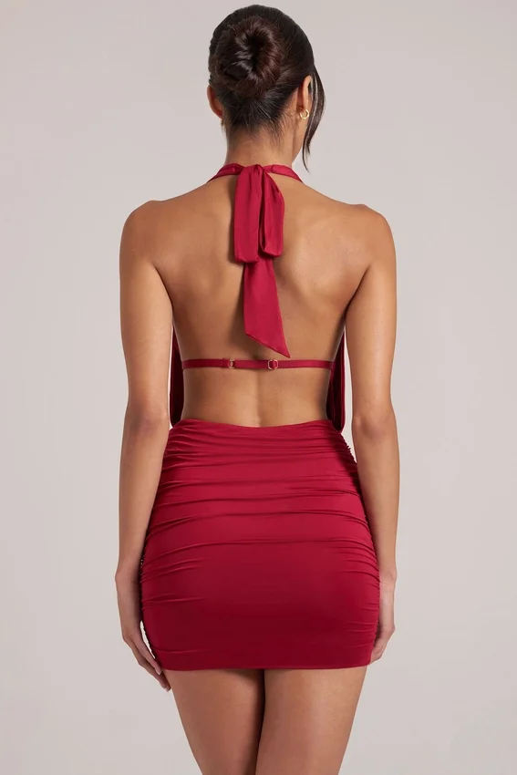 Kael Draped Cowl Mini Dress in Cherry Red Kael Draped Cowl Mini Dress in Cherry Red