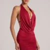 Kael Draped Cowl Mini Dress in Cherry Red Kael Draped Cowl Mini Dress in Cherry Red