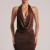 Kael Draped Cowl Mini Dress in Chocolate Brown Kael Draped Cowl Mini Dress in Chocolate Brown