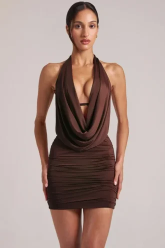Kael Draped Cowl Mini Dress in Chocolate Brown